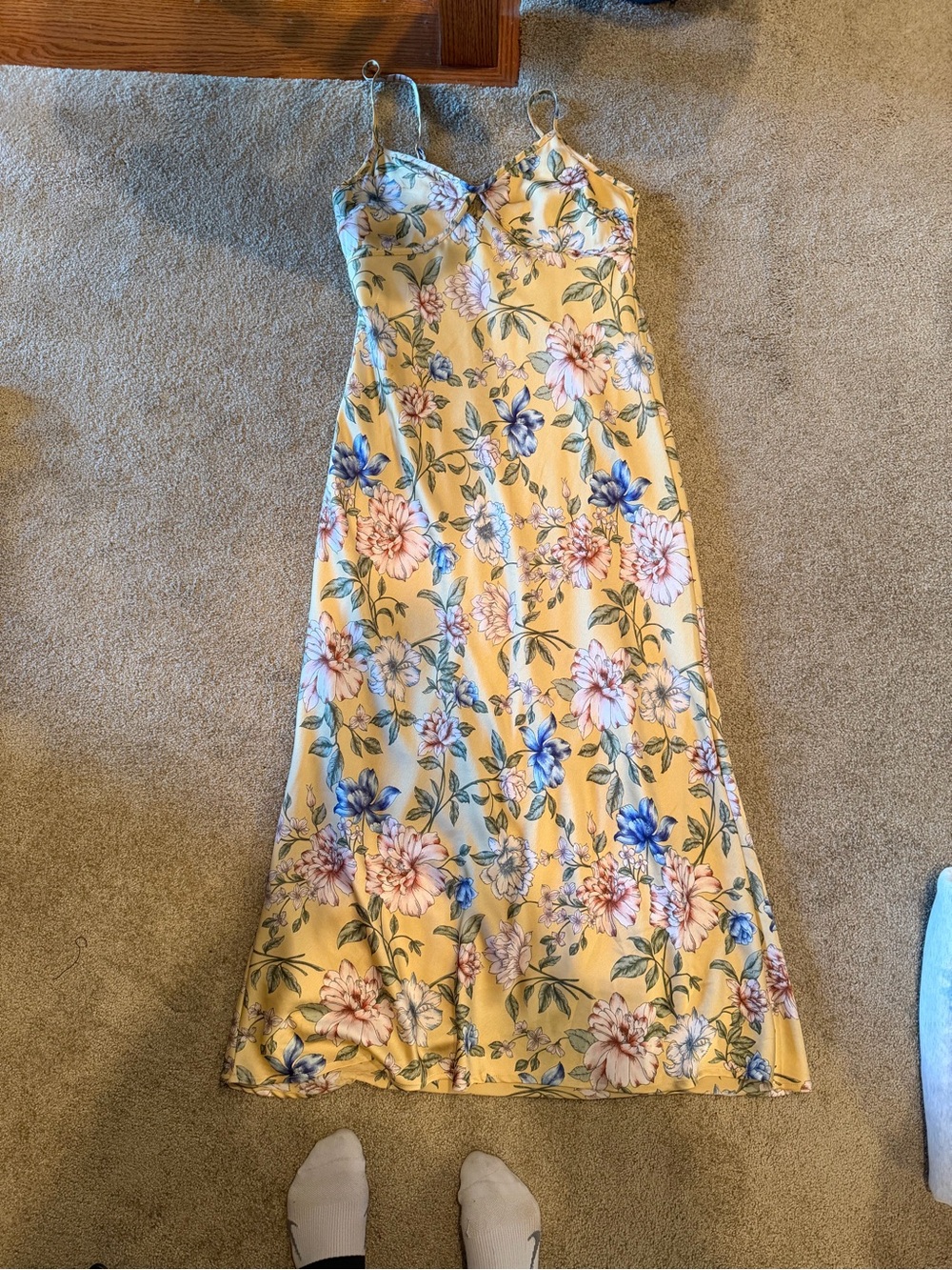 Yellow Floral Maxi Slip Dress with Blue & Pink Blooms